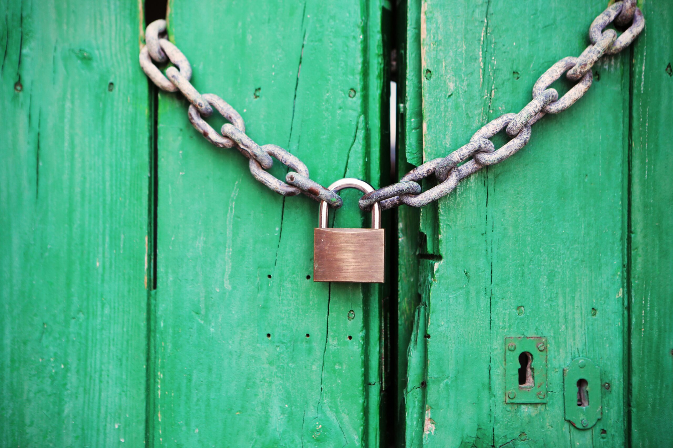 Lock on green wall or fence, zoomed in